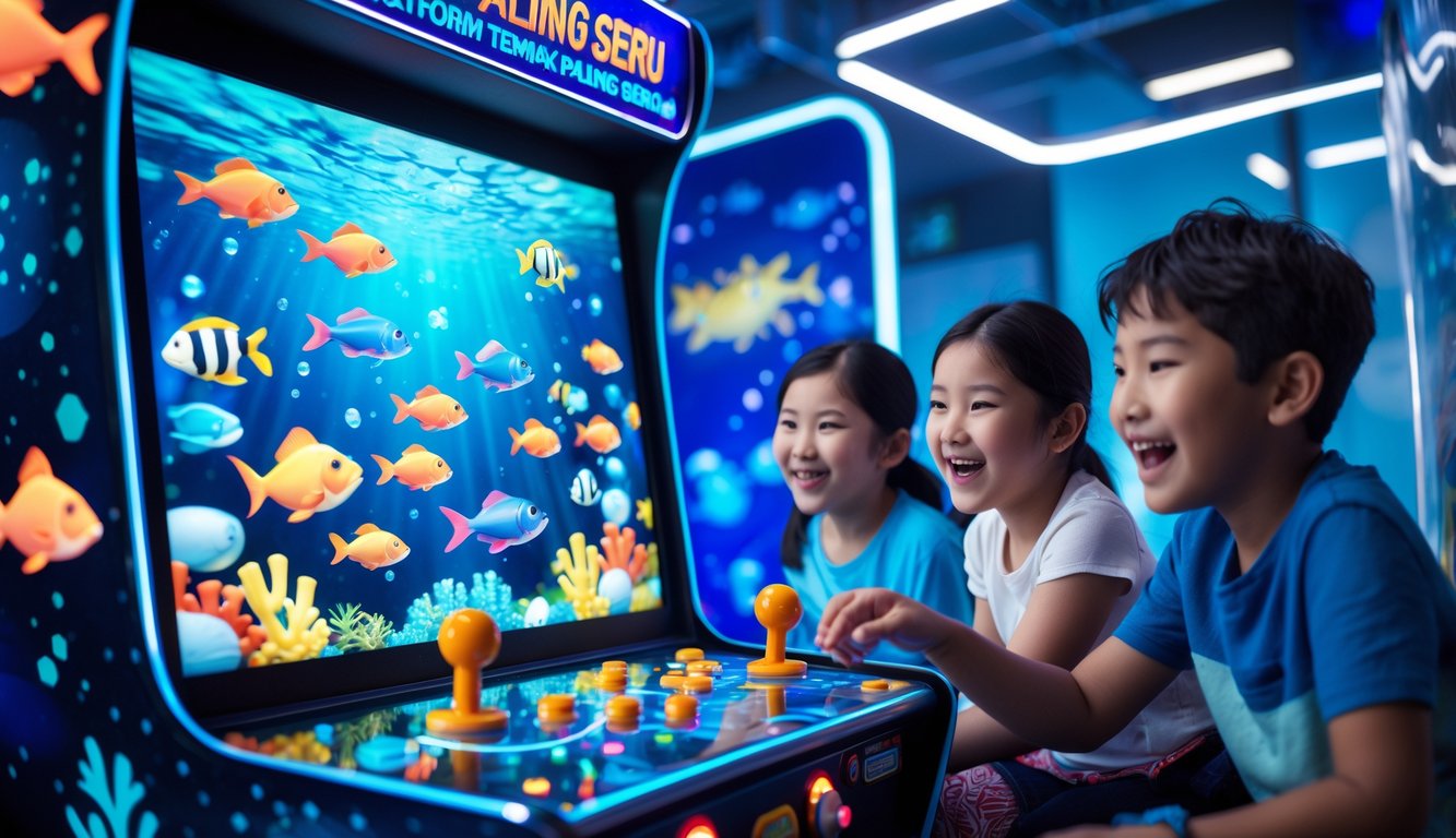 Orang-orang sedang bermain permainan arcade tembak ikan dengan layar warna-warni dan suasana bawah laut.