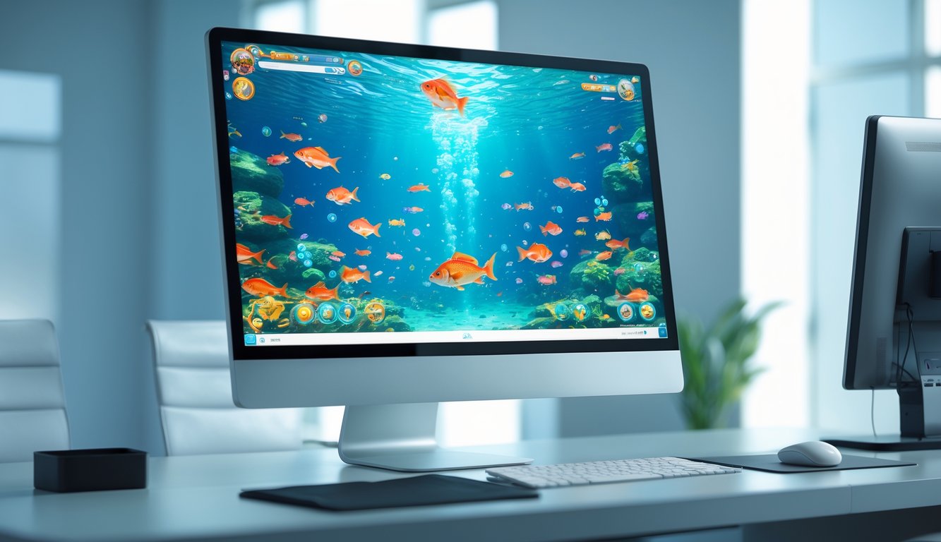 Tampilan layar komputer dengan permainan tembak ikan online yang menampilkan ikan berwarna-warni di bawah laut.