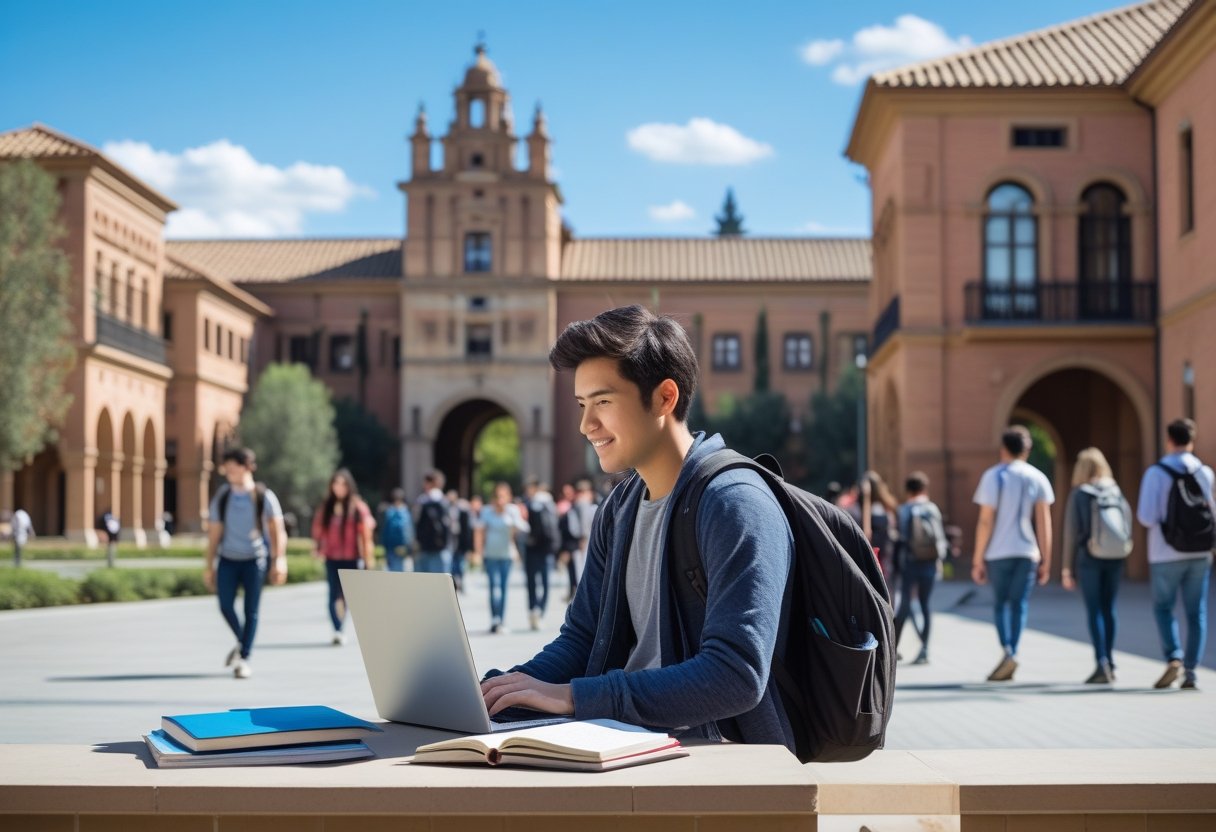 An international student studying outdoors on a university campus in Spain with historic buildings in the background and other students nearby.