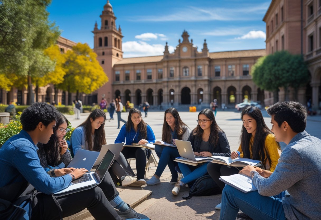 A group of international students studying and discussing together outdoors in Spain with historic buildings in the background.