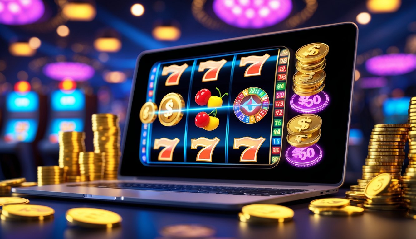 Sebuah layar komputer menampilkan permainan slot online dengan simbol warna-warni dan tumpukan koin emas di sekitarnya.