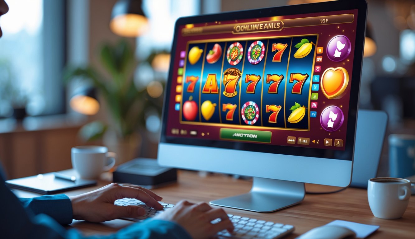 Seseorang menggunakan komputer dengan permainan mesin slot online yang berwarna-warni di layar.