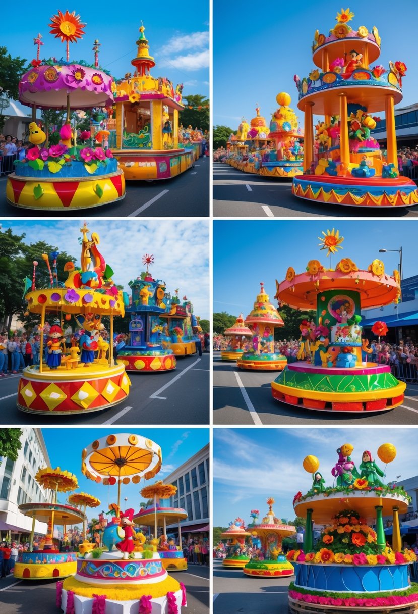 A parade with 18 colorful floats featuring spinning wheels and puppets, surrounded by a crowd of spectators under a clear sky.