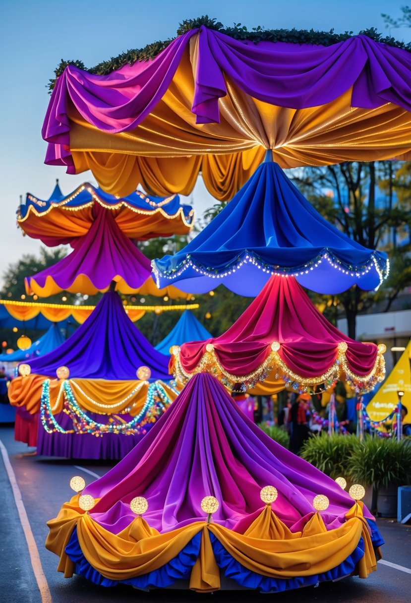 A collection of colorful parade floats decorated with flowing fabric and glowing LED lights, arranged outdoors during a parade.