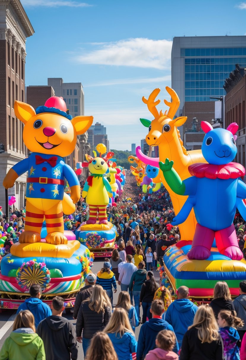 Colorful parade with large inflatable characters on 18 decorated floats and a crowd of people watching on a sunny day.
