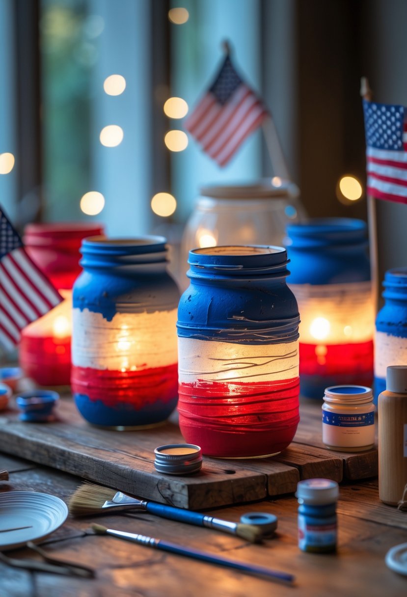 Mason jar lanterns painted red, white, and blue glowing softly on a wooden table with craft supplies and small American flags nearby.