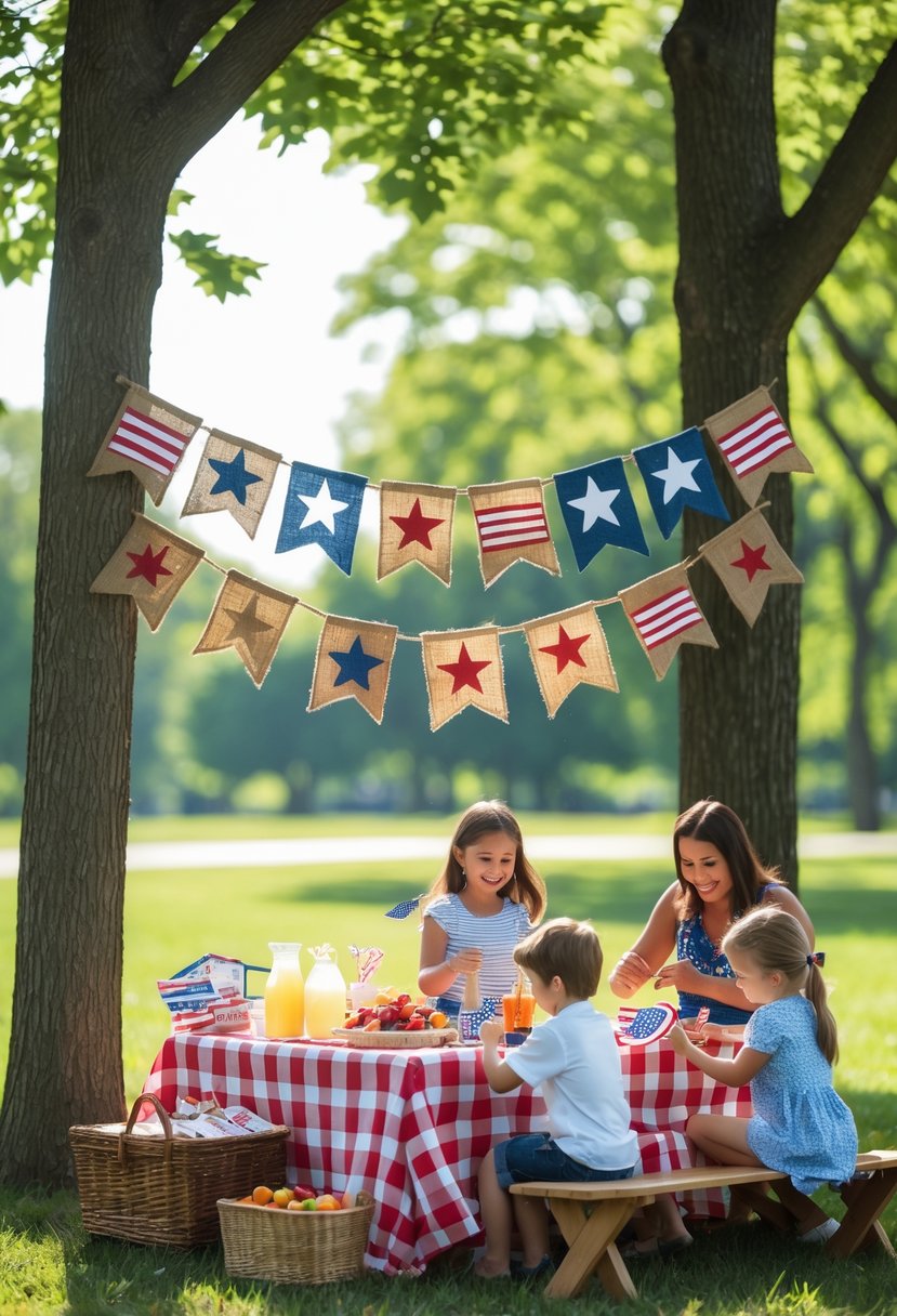 Outdoor picnic with a burlap banner decorated with patriotic stencils, children and adults crafting and enjoying a sunny day in a green park.