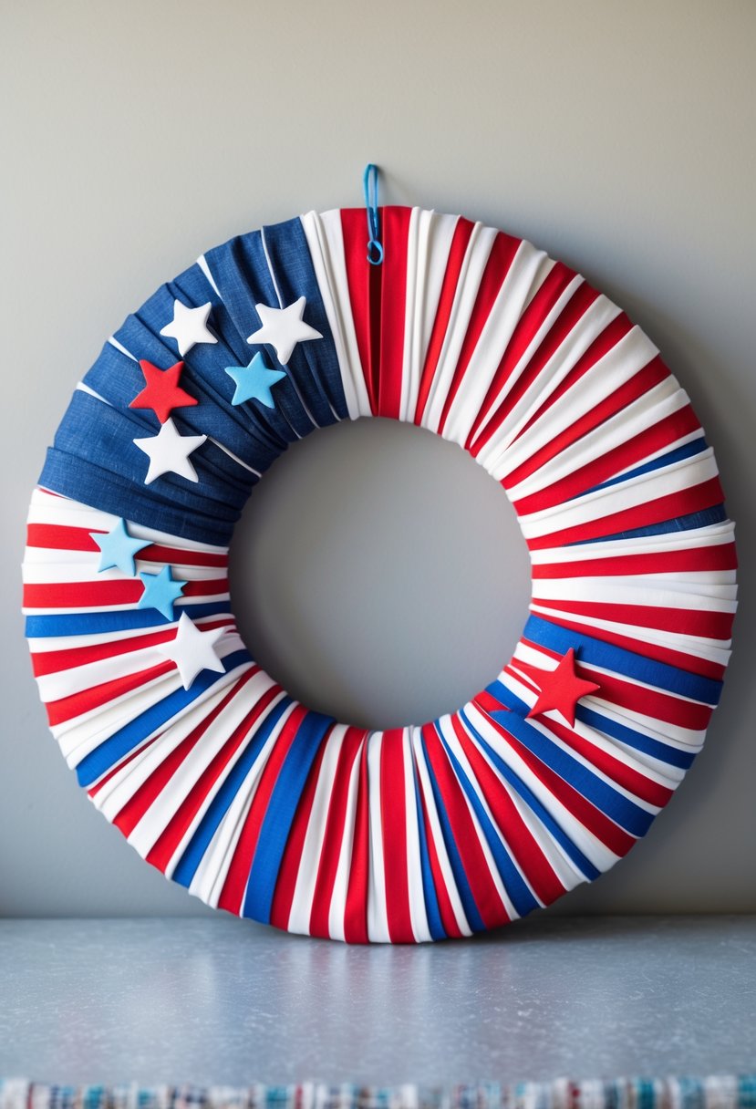 A colorful fabric scrap wreath decorated with stars and stripes colors, displayed on a plain background.