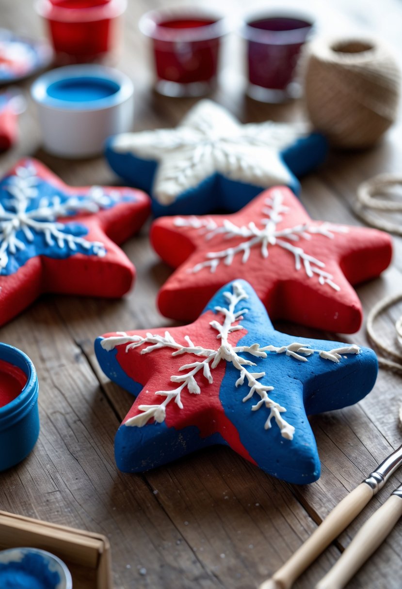Star-shaped salt dough ornaments painted in red, white, and blue on a wooden table with paintbrushes and paint pots nearby.