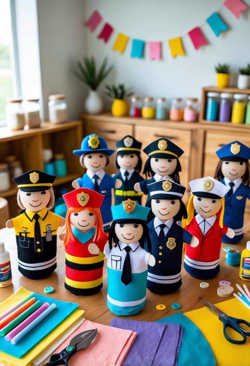 A table with colorful sock puppets dressed as community helpers and various craft supplies arranged around them.