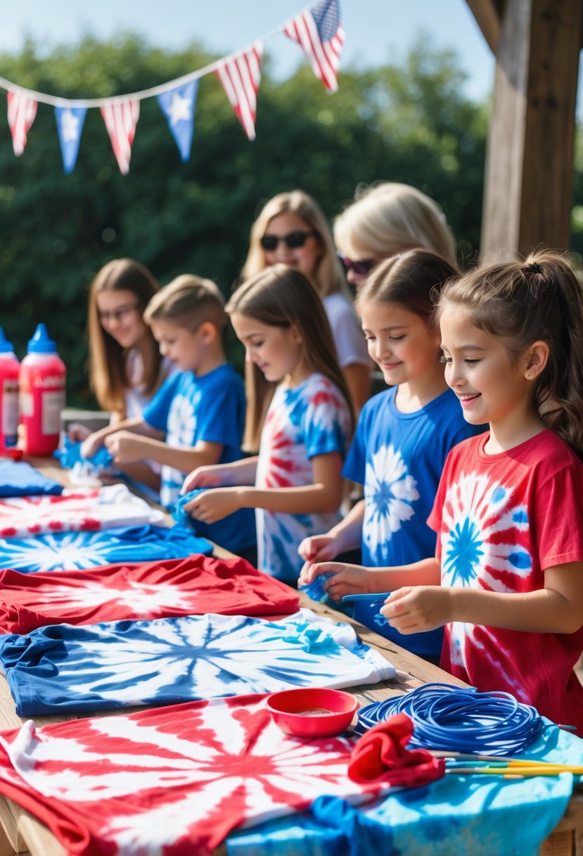 Children and adults making red, white, and blue tie-dye t-shirts at a craft table outdoors with patriotic decorations.