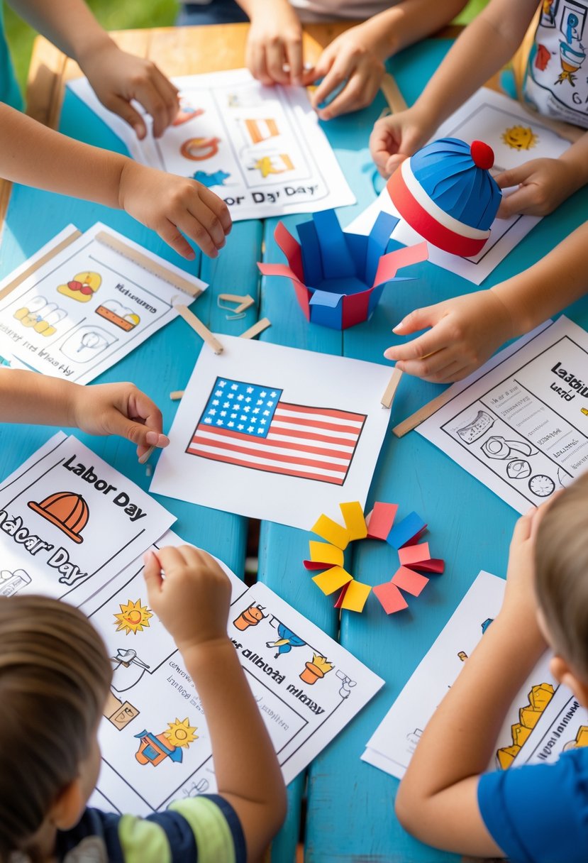 Children and adults making Labor Day crafts and coloring pages with educational facts on a wooden table.