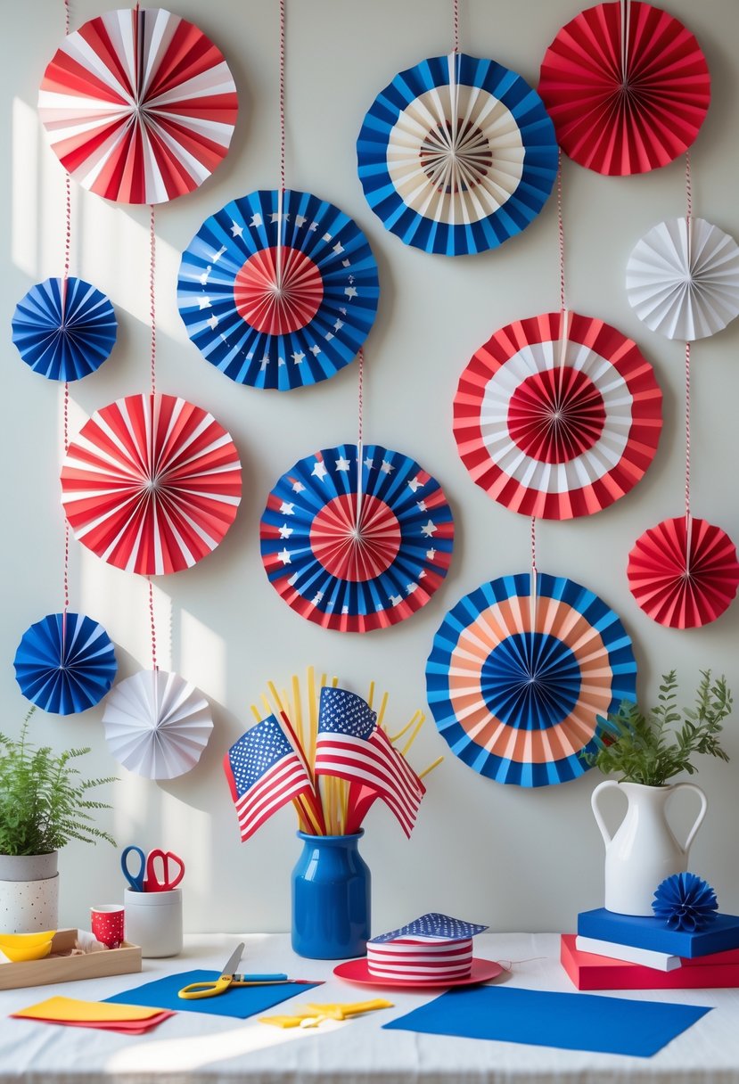 Colorful red, white, and blue paper fans decorated for a Labor Day party with crafting supplies on a table.