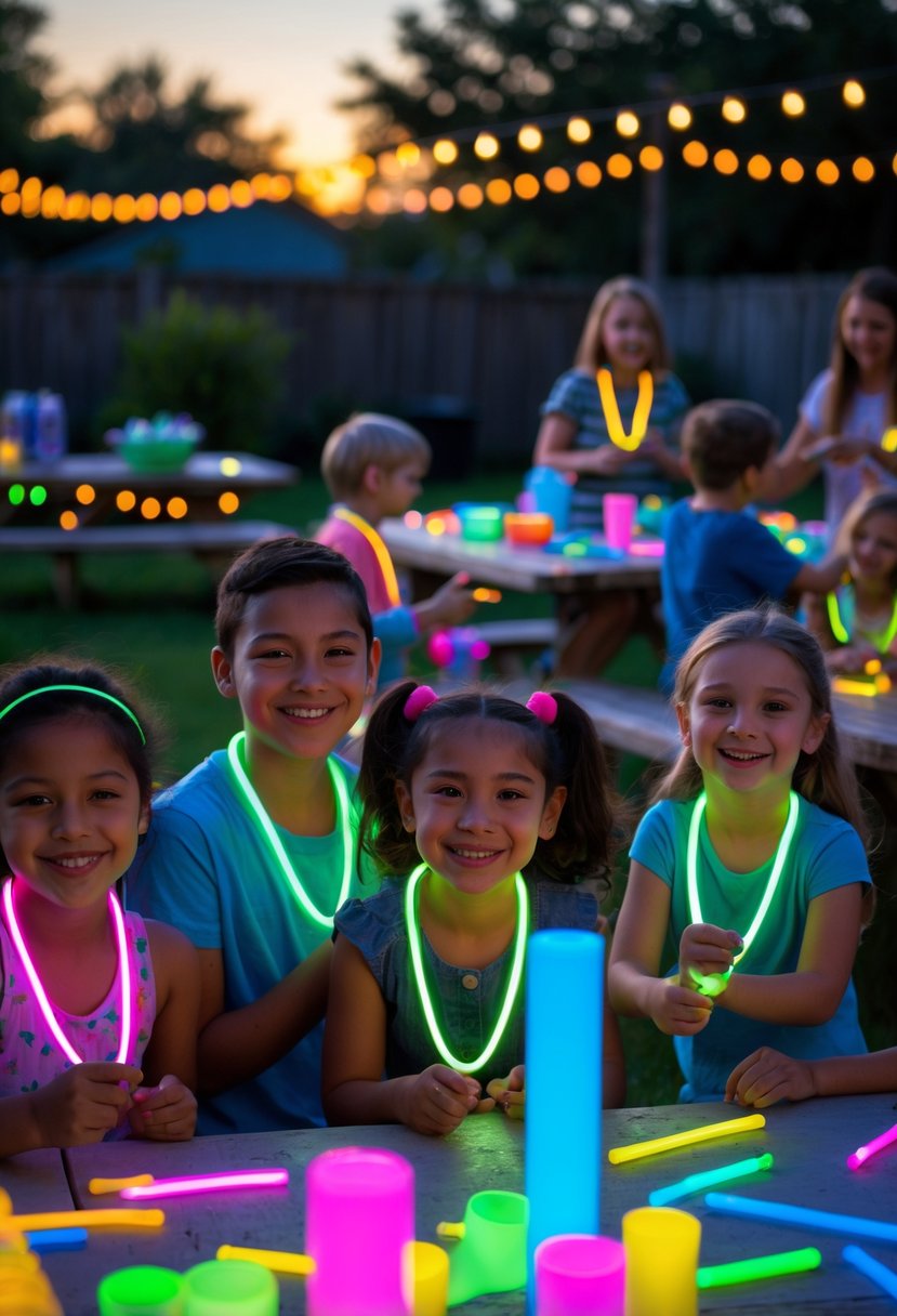 Children and adults wearing colorful glow stick necklaces at an outdoor evening celebration, smiling and enjoying crafts together.