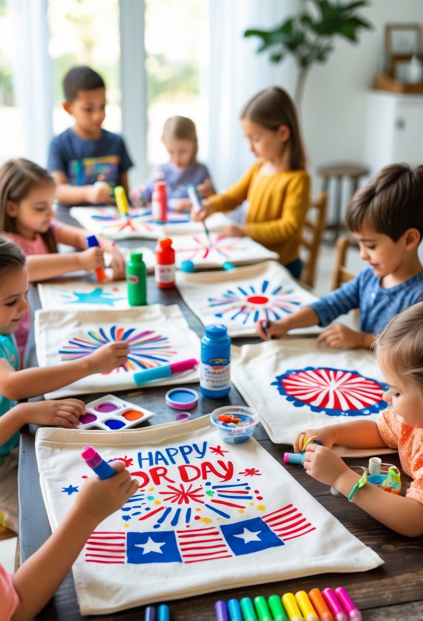 Children and adults decorating white tote bags with colorful fabric markers at a craft table.