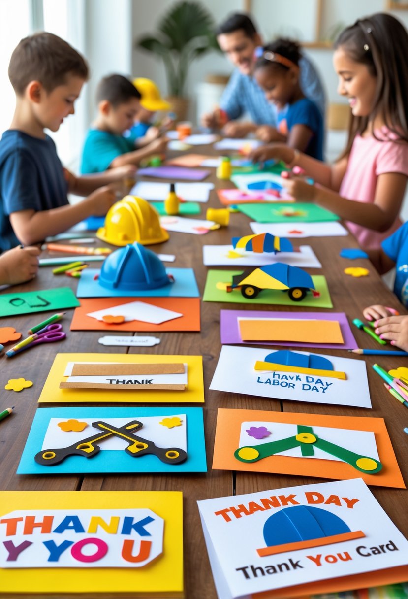 A table with colorful handmade thank you cards and craft supplies, with children and adults making Labor Day crafts together.