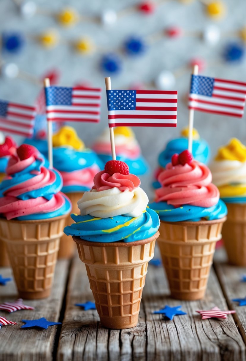 Colorful ice cream cone cupcake holders with cupcakes topped by small flag picks arranged on a wooden table with festive decorations.