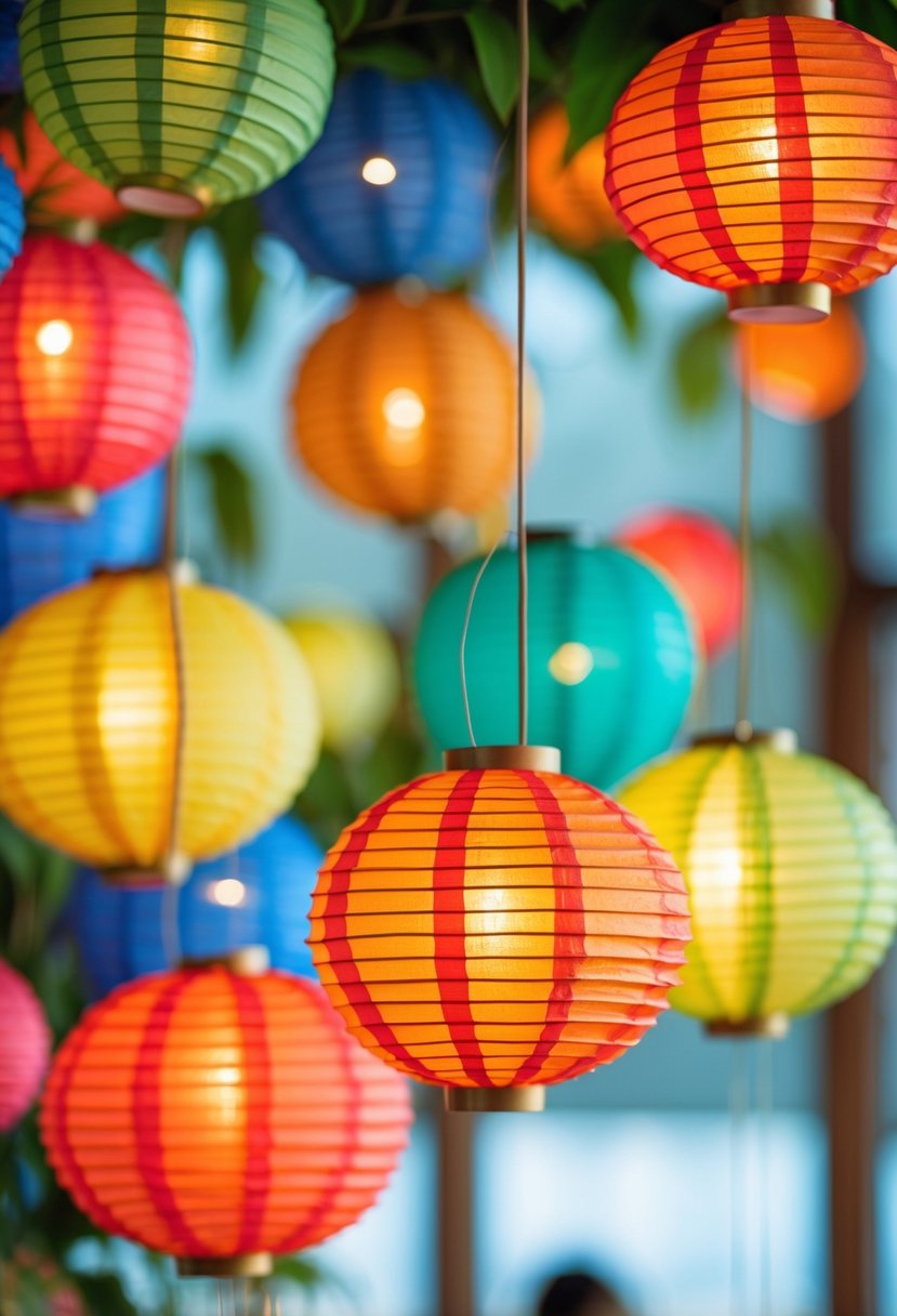 Colorful paper lanterns hanging at different heights creating a festive birthday decoration scene.
