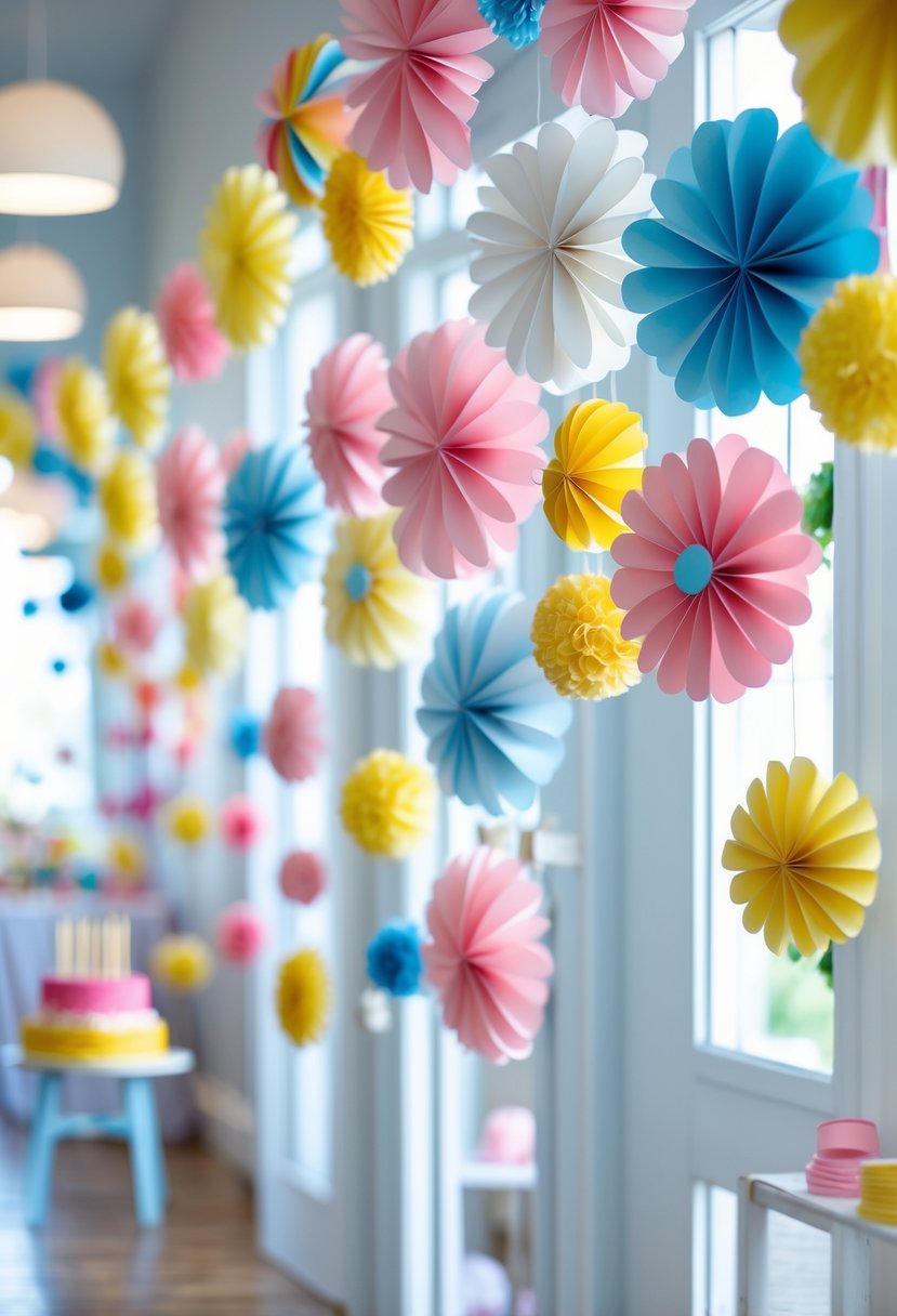 Colorful paper flower garlands hanging on walls and doorways in a decorated room for a birthday celebration.
