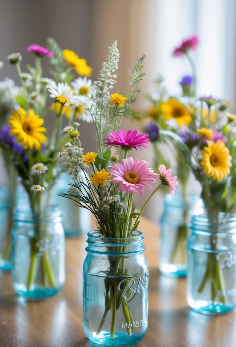 Mason jars filled with fresh flowers arranged on a wooden table as centerpieces for a birthday event.