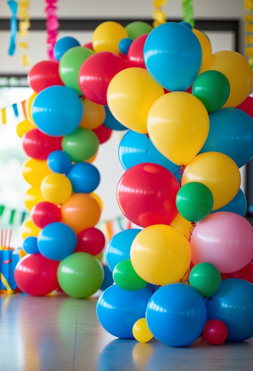 Colorful balloon arrangements of different sizes decorating a birthday party setting.