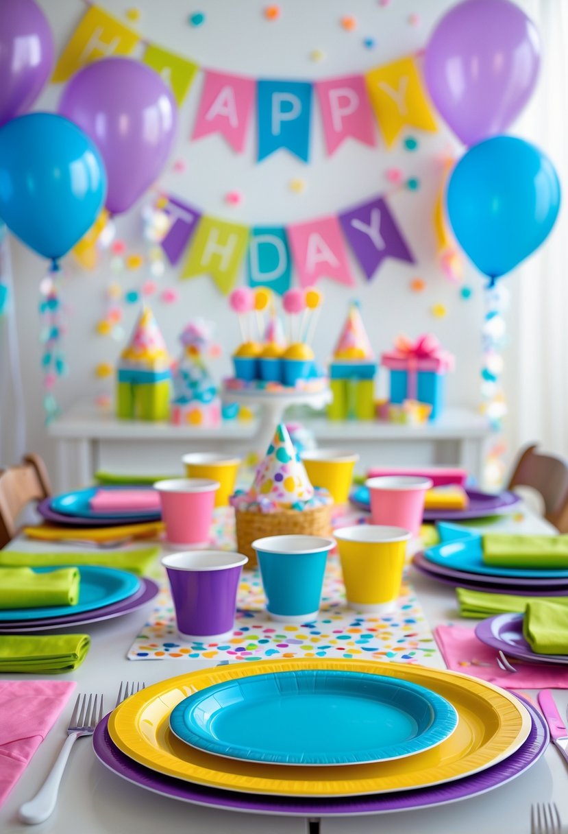 A birthday party table set with colorful themed tableware and simple decorations like balloons and streamers.
