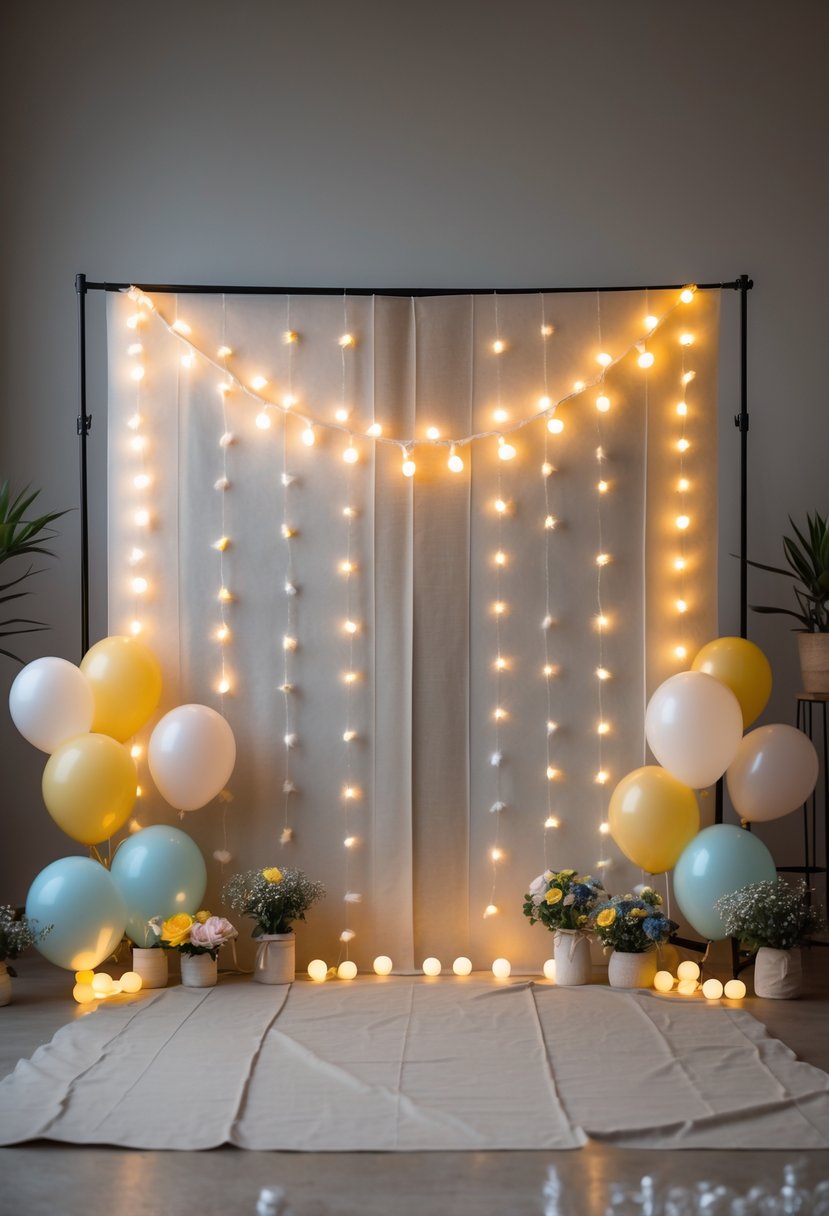 A birthday photo backdrop decorated with string lights, balloons, and floral arrangements creating a warm and inviting party setting.