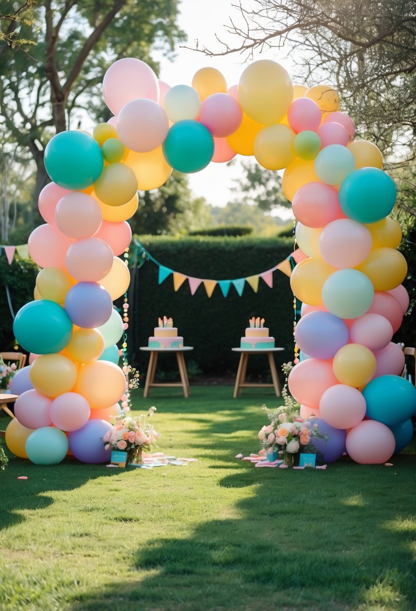Colorful balloon arches at the entrance of an outdoor birthday party decorated with balloons and festive decorations.