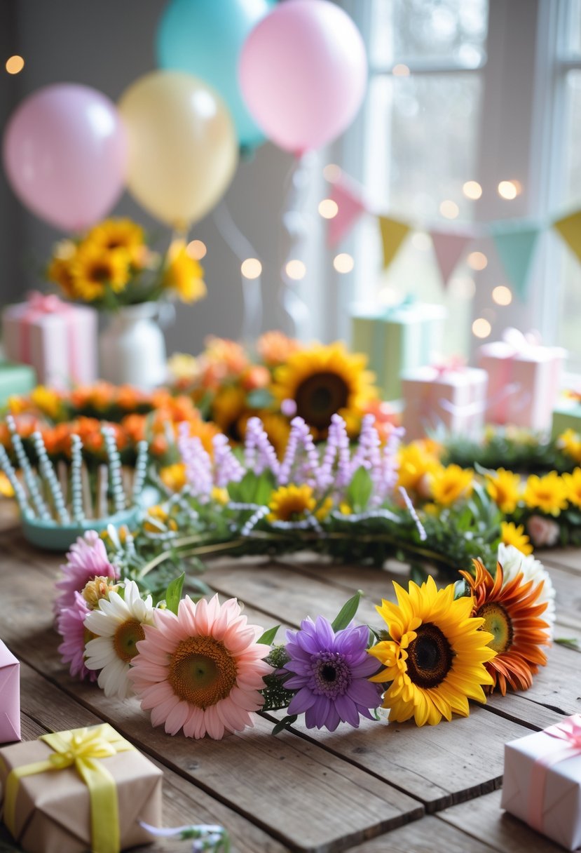 A table with colorful seasonal floral crowns and simple birthday decorations including balloons, gifts, and fairy lights.