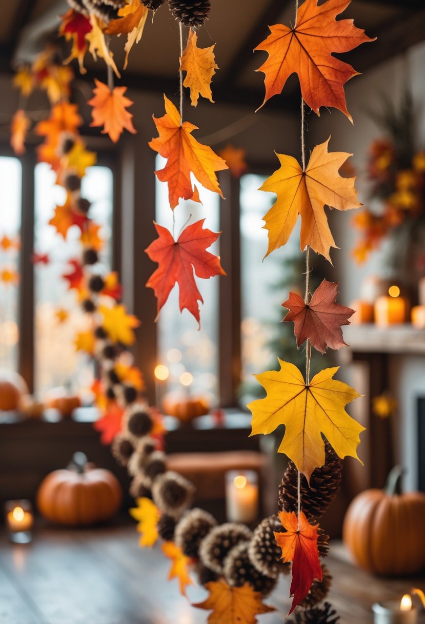 Natural leaf garlands with autumn leaves hanging as decorations in a cozy fall-themed birthday party setting.