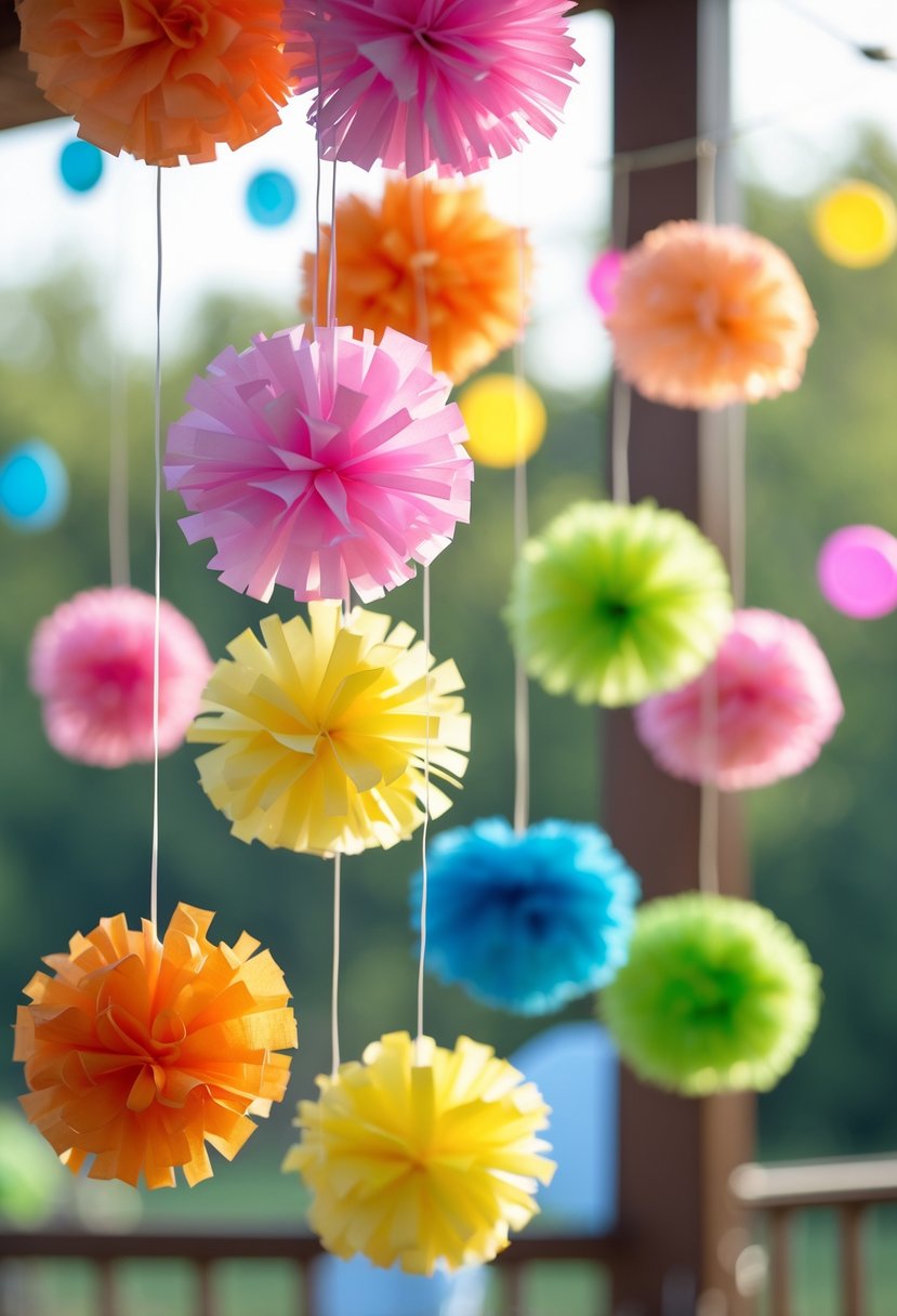 Colorful hanging pom-poms in various bright colors suspended against a softly blurred background.
