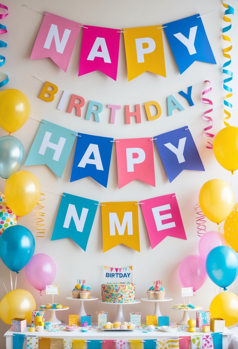A birthday party setup with colorful banners, balloons, streamers, and party decorations arranged on a table.