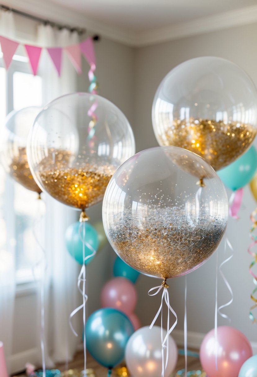 Clear balloons filled with glitter floating as birthday decorations in a bright room with pastel party decor.