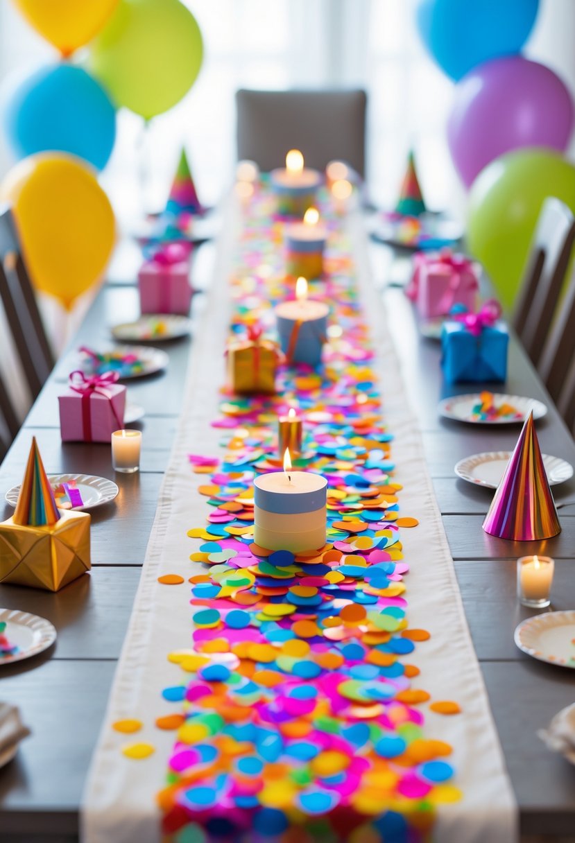A birthday party table decorated with colorful confetti table runners, balloons, gifts, candles, and party hats.