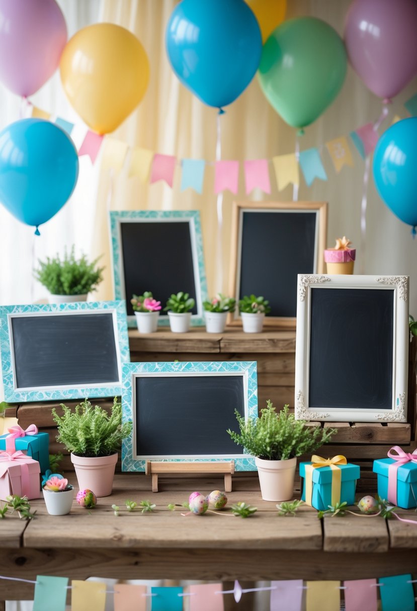 Chalkboard signs displayed on a wooden table surrounded by birthday decorations including balloons, plants, garlands, and gift boxes.