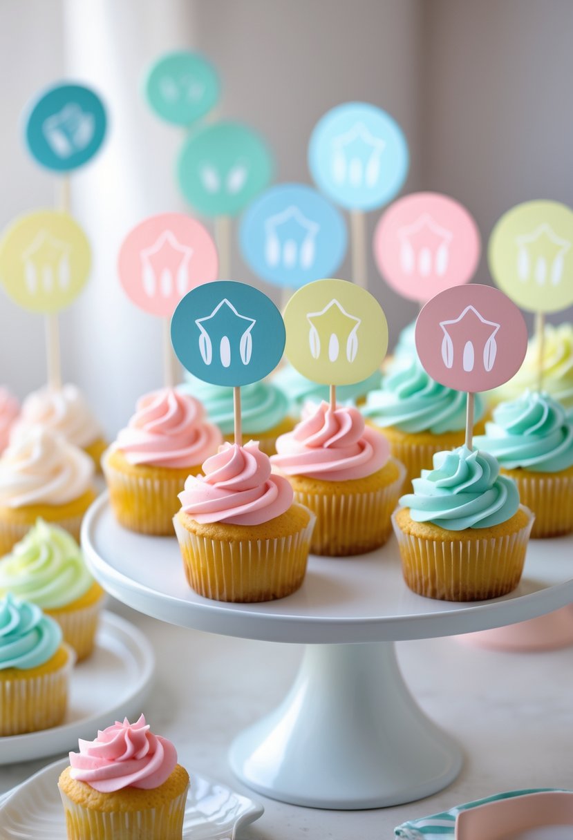 A platter of cupcakes with pastel-colored birthday toppers arranged neatly on a table.
