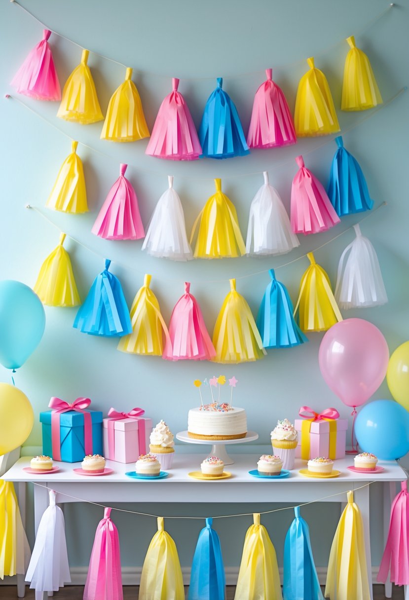A birthday party setup with colorful tassel garlands hanging on the wall and a table with cupcakes, balloons, and gifts.
