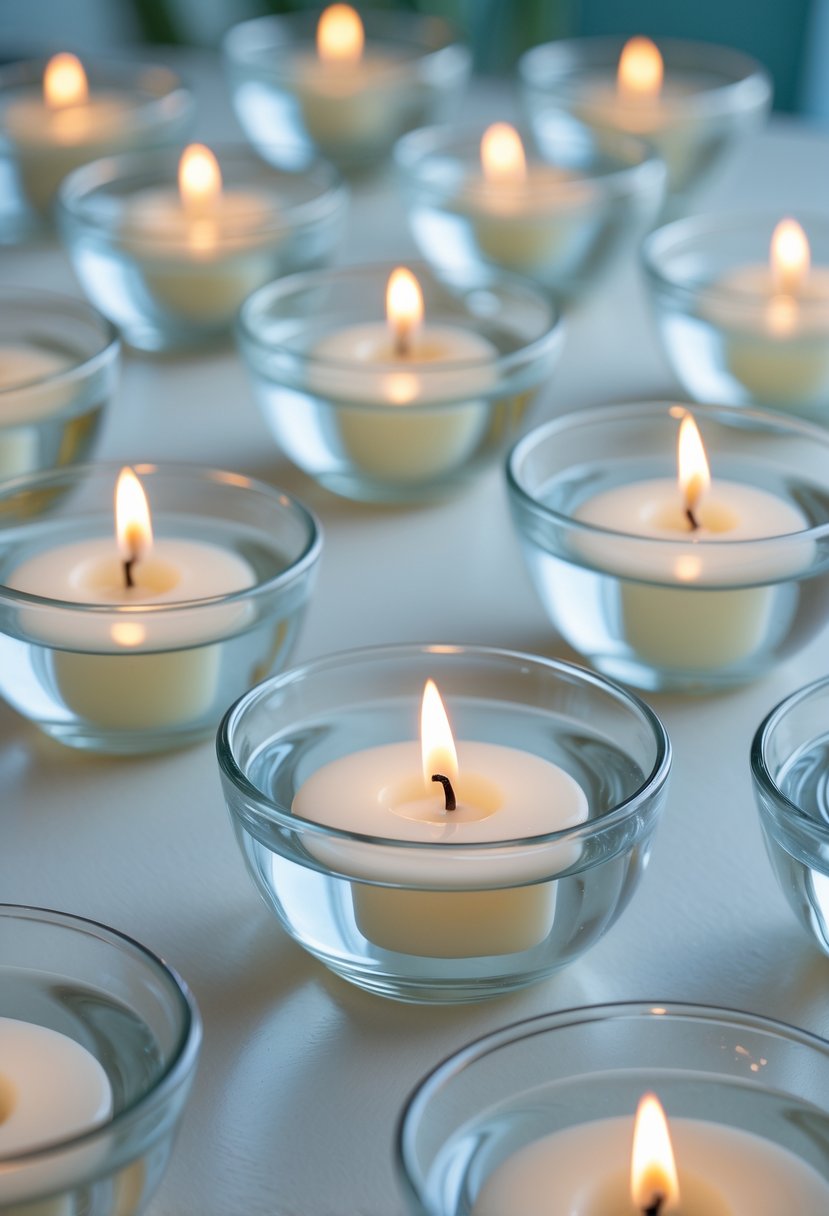 Several glass bowls with floating lit candles arranged on a light surface.