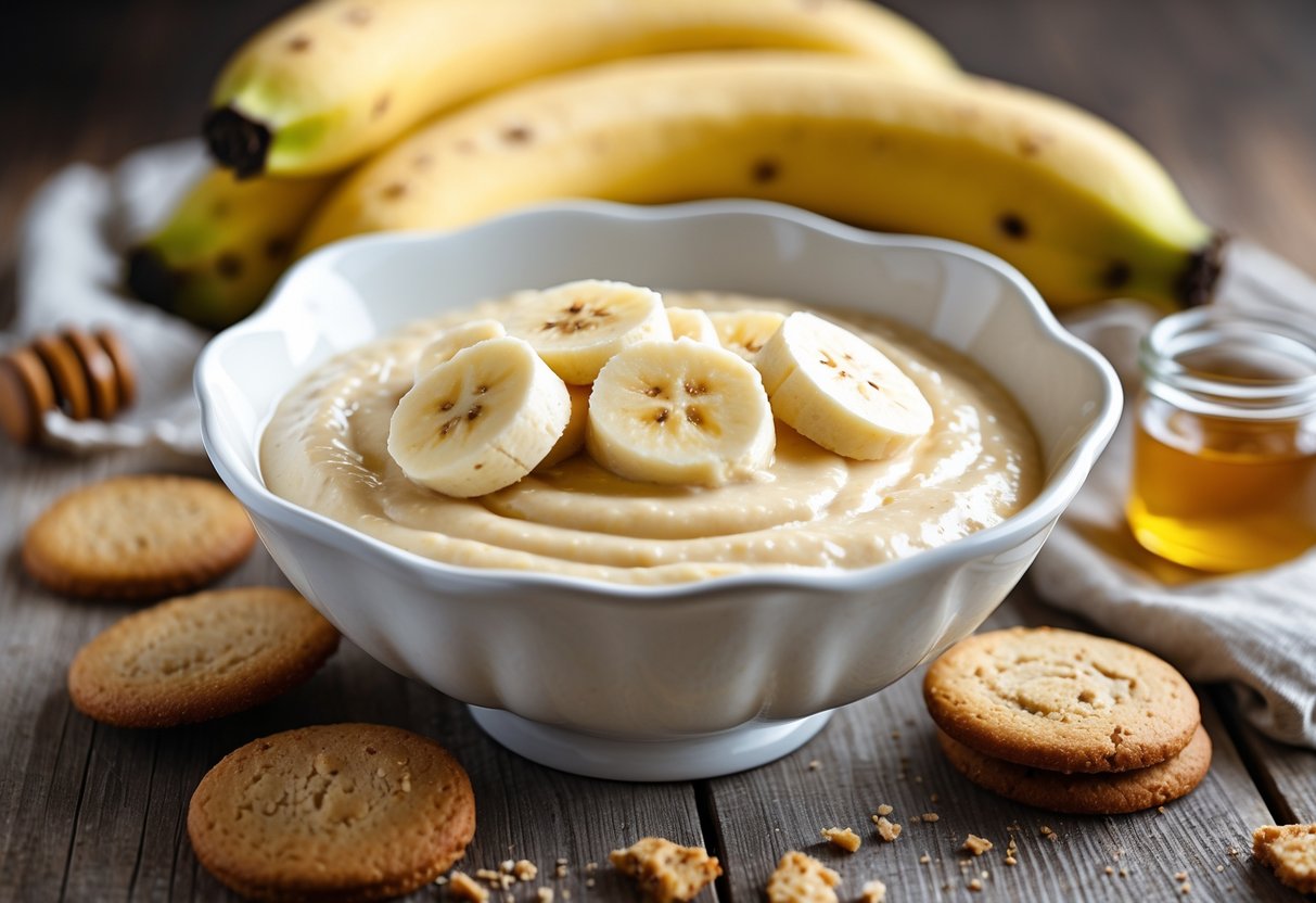 A bowl of creamy banana pudding topped with banana slices on a wooden table, surrounded by fresh bananas and gluten-free cookies.