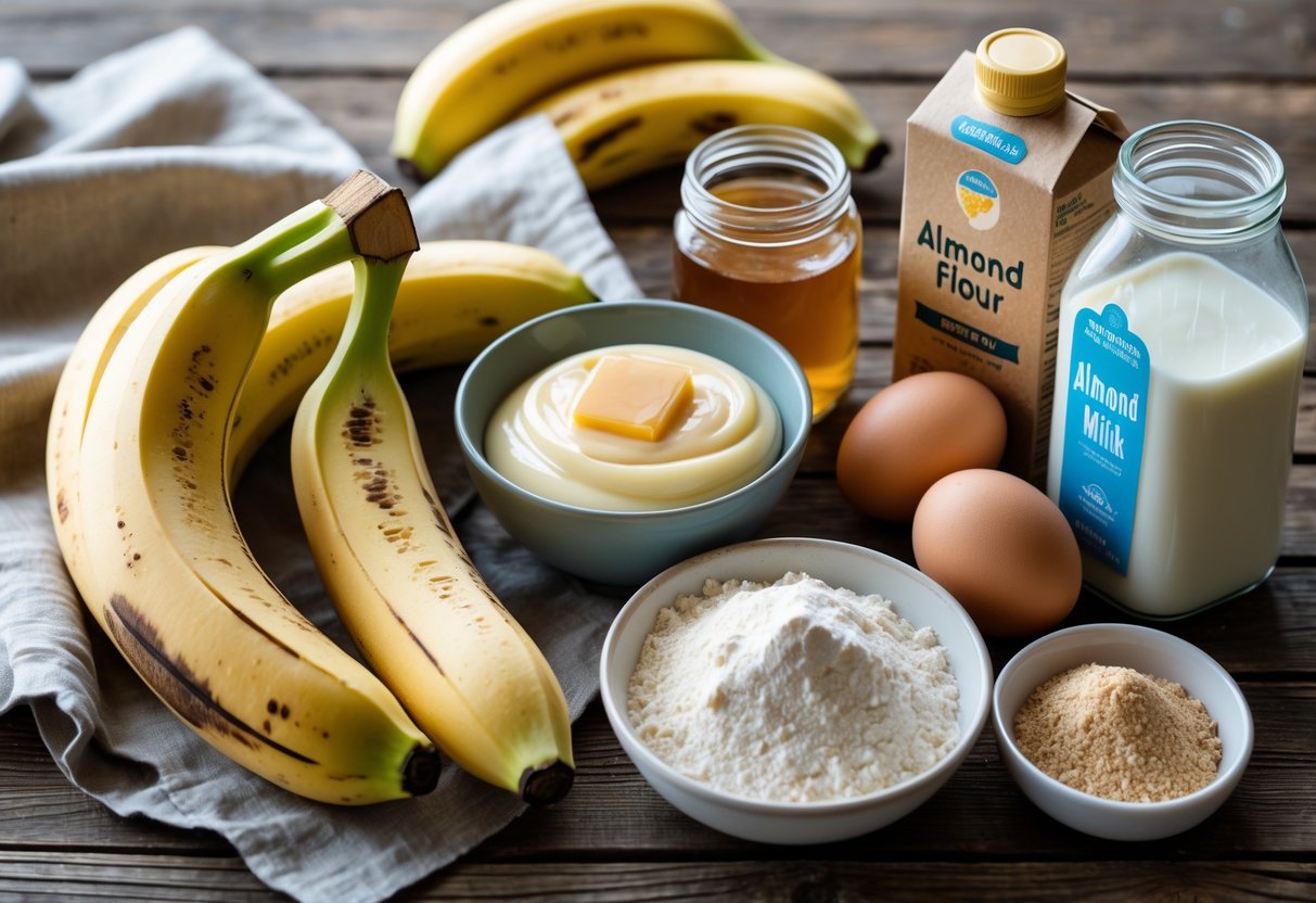 A wooden table displaying fresh bananas, gluten-free vanilla pudding mix, natural sweetener, almond flour, almond milk, and eggs arranged for making banana pudding.
