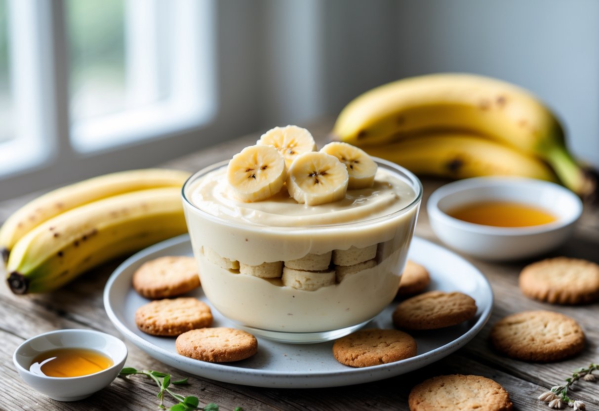 A bowl of creamy banana pudding with banana slices, fresh bananas, sweetener, and gluten-free cookies on a wooden table.