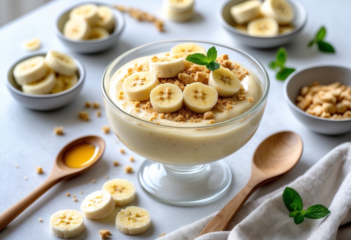 A bowl of creamy banana pudding topped with banana slices and cookie crumbs, surrounded by fresh banana slices, honey drizzle, and mint leaves on a kitchen countertop.