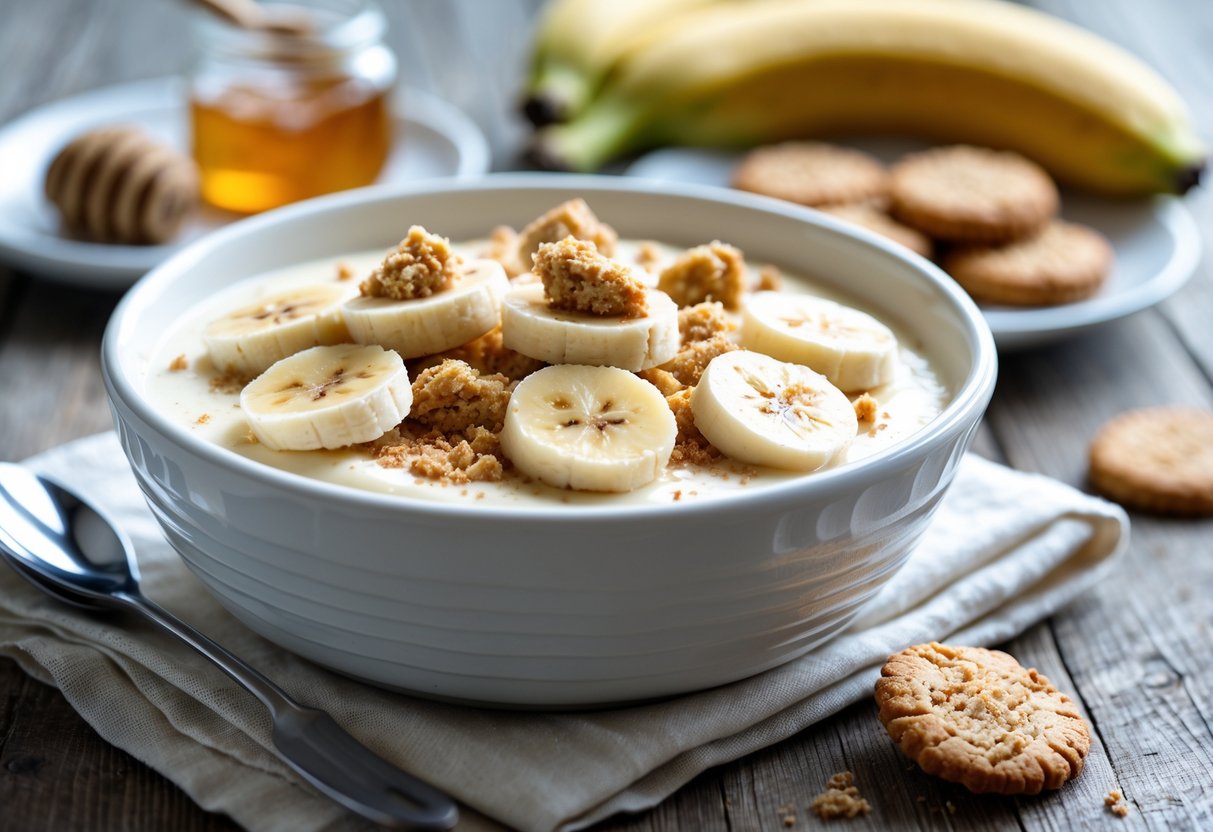 A bowl of creamy banana pudding topped with banana slices and crushed cookies on a wooden table with bananas and cookies in the background.