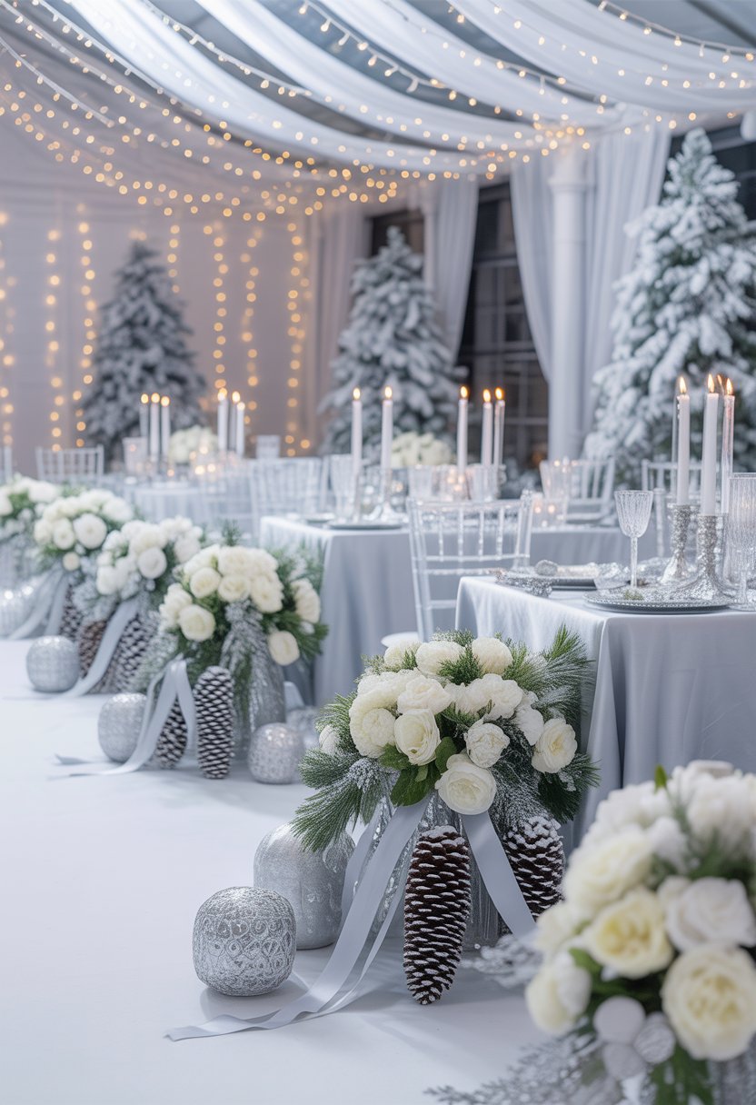 A wedding aisle decorated with white and silver flowers, ribbons, and lights in a snowy outdoor setting.