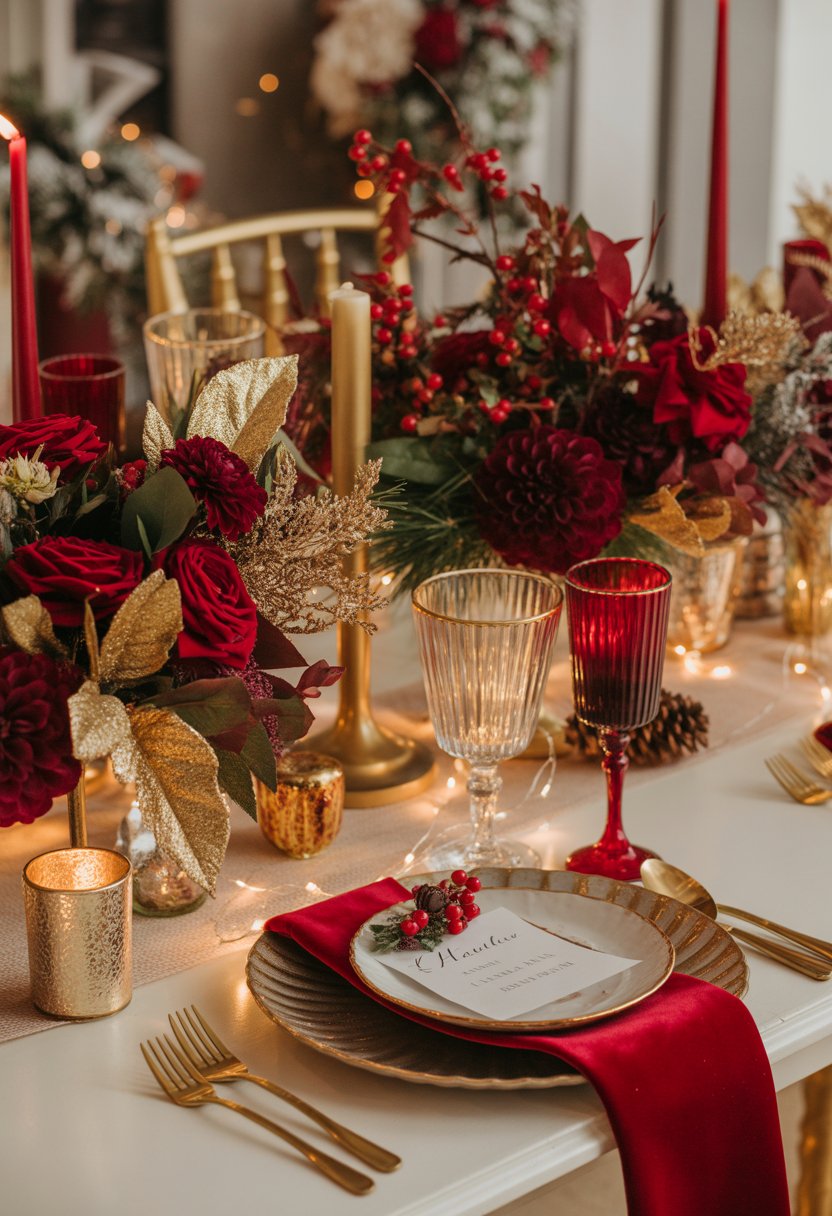 A decorated wedding table with deep red flowers, gold accents, candles, and holiday greenery creating a festive December wedding scene.