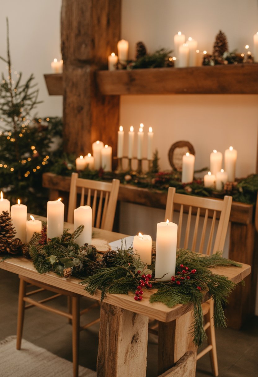 A cozy indoor wedding ceremony with candles on wooden tables and rustic wooden decorations surrounded by winter greenery.
