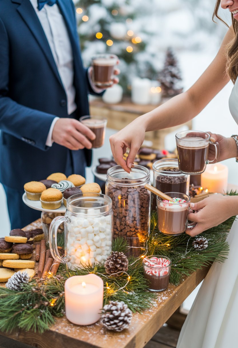 A decorated table with hot chocolate, toppings, and desserts for guests to customize at a winter wedding celebration.