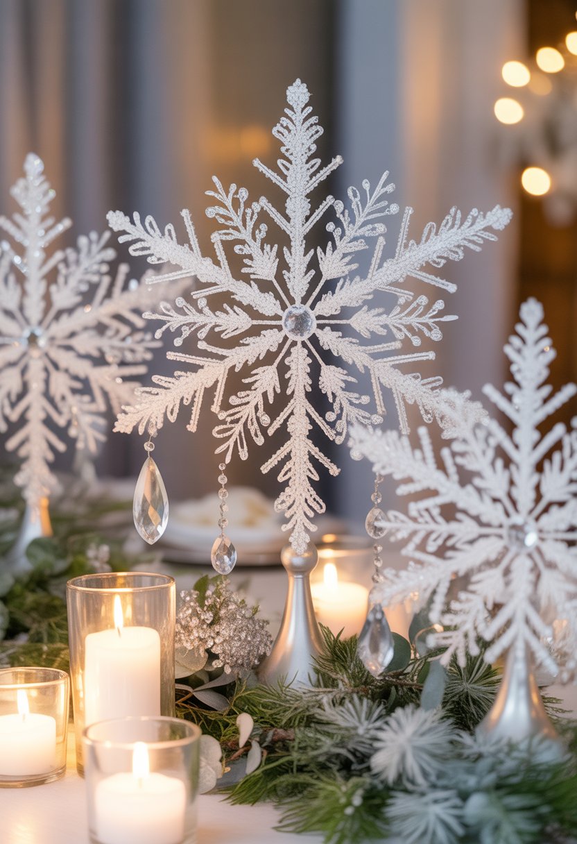 A table with snowflake-inspired wedding centerpieces decorated with crystals, candles, and winter greenery.