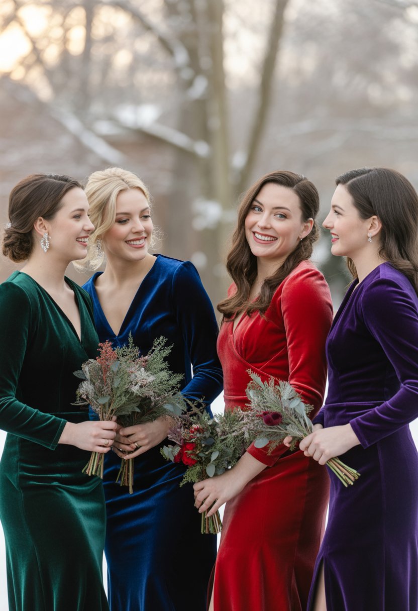 A group of bridesmaids wearing velvet dresses in rich jewel tones standing outdoors in a winter setting with soft sunlight and light snow on trees.