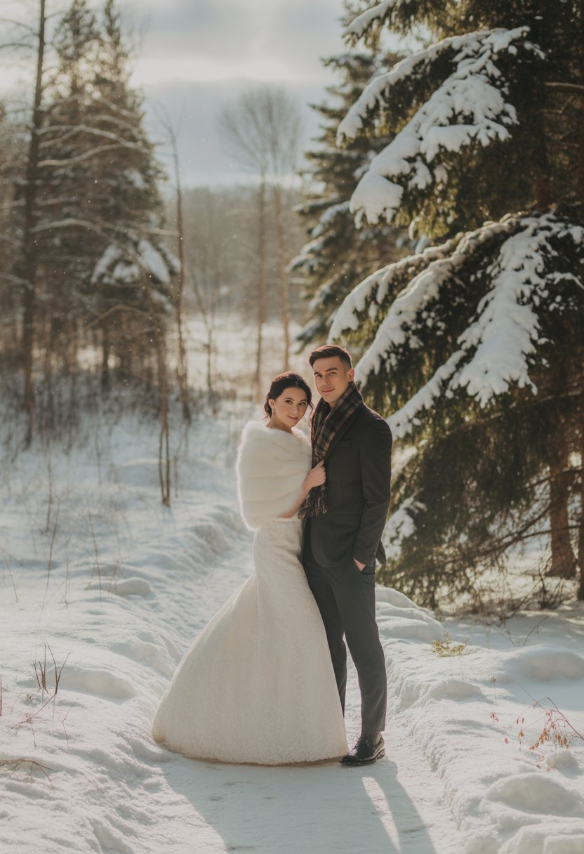 A bride and groom standing together in a snowy forest surrounded by snow-covered trees during winter.